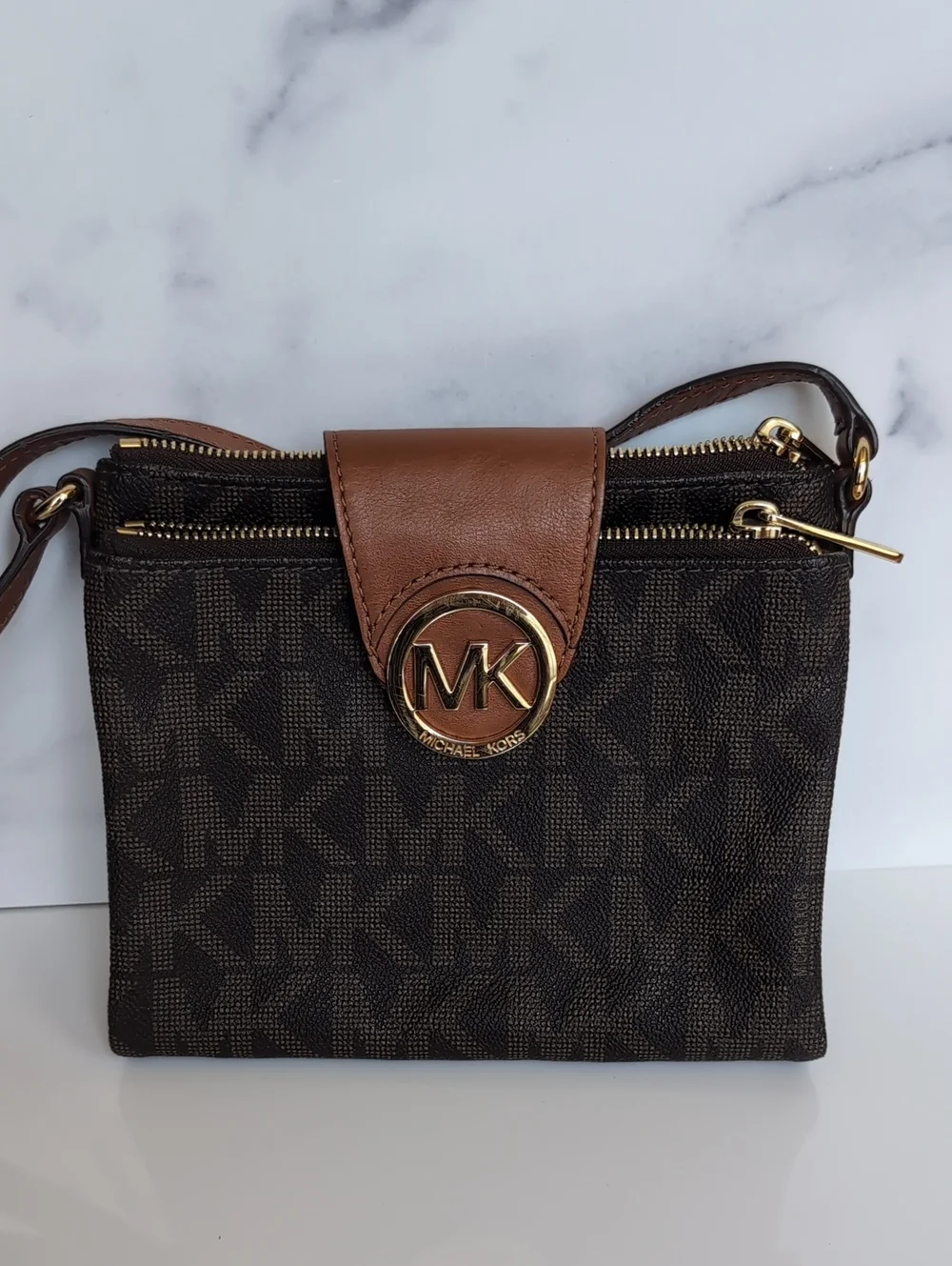 Michael Kors Dark Brown Signature MK Crossbody with Gold Accent